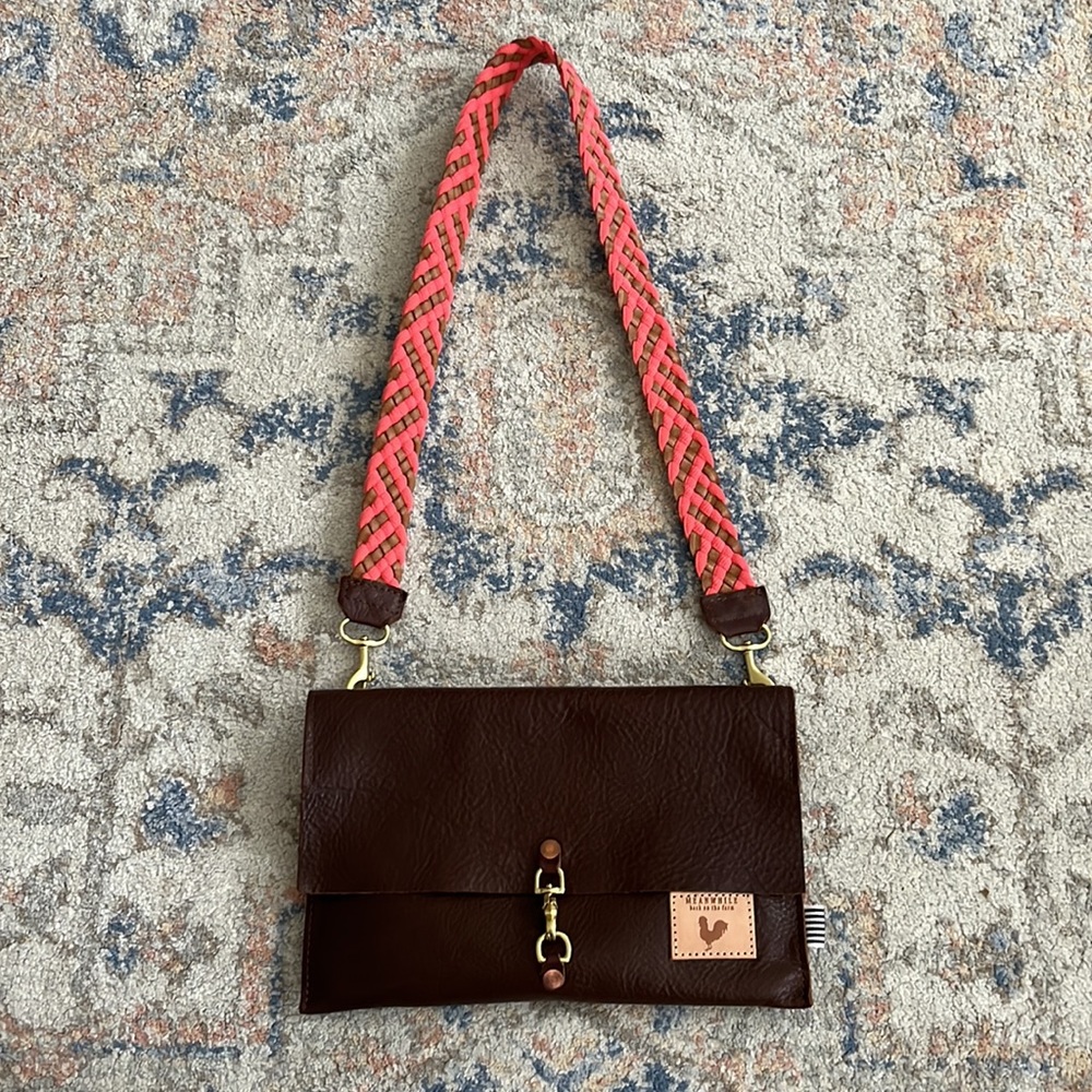 Meanwhile Back on the Farm. Leather Foldover Clutch/Crossbody. Mocha Tuscan.